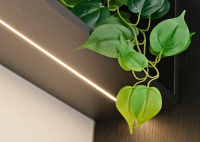 Detail van keuken met LED-verlichting en hangplant boven werkblad.